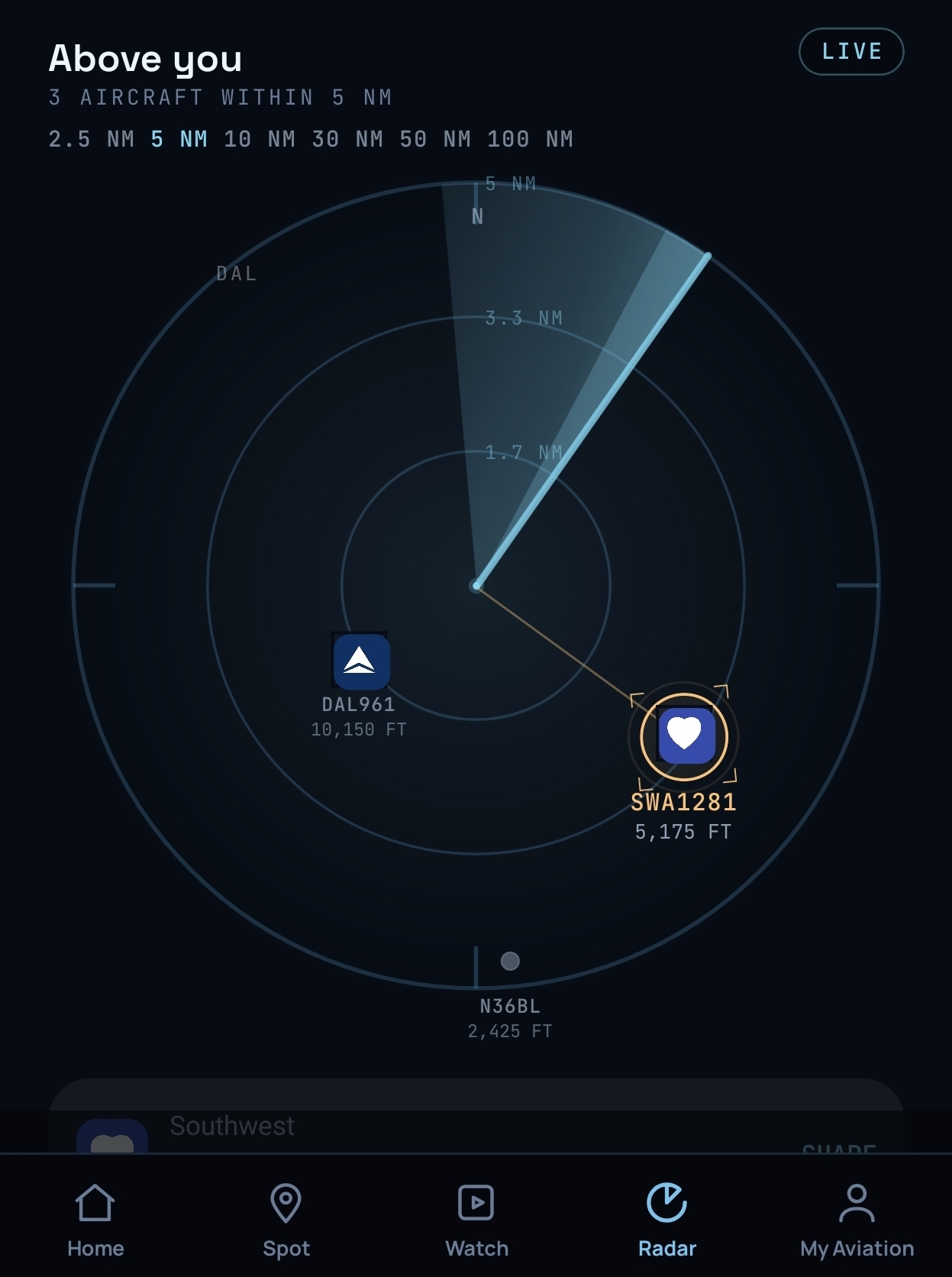 FlyMarshall app radar: aircraft above you